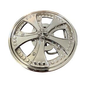 Y2K Spinning Chrome Cross Belt Buckle Round Metal Bottle Opener Maximalism Edgy